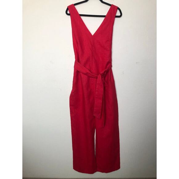 LPA Revolve Jumpsuit Large Red Linen Blend V-Neck Wide Leg Belted Boho Casual - Picture 11 of 15